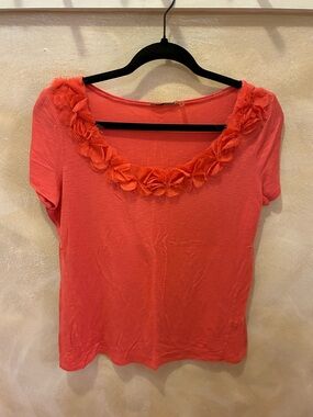 Women’s Forever Fashion Brand Coral Floral-Trim Short Sleeve Top Size Large